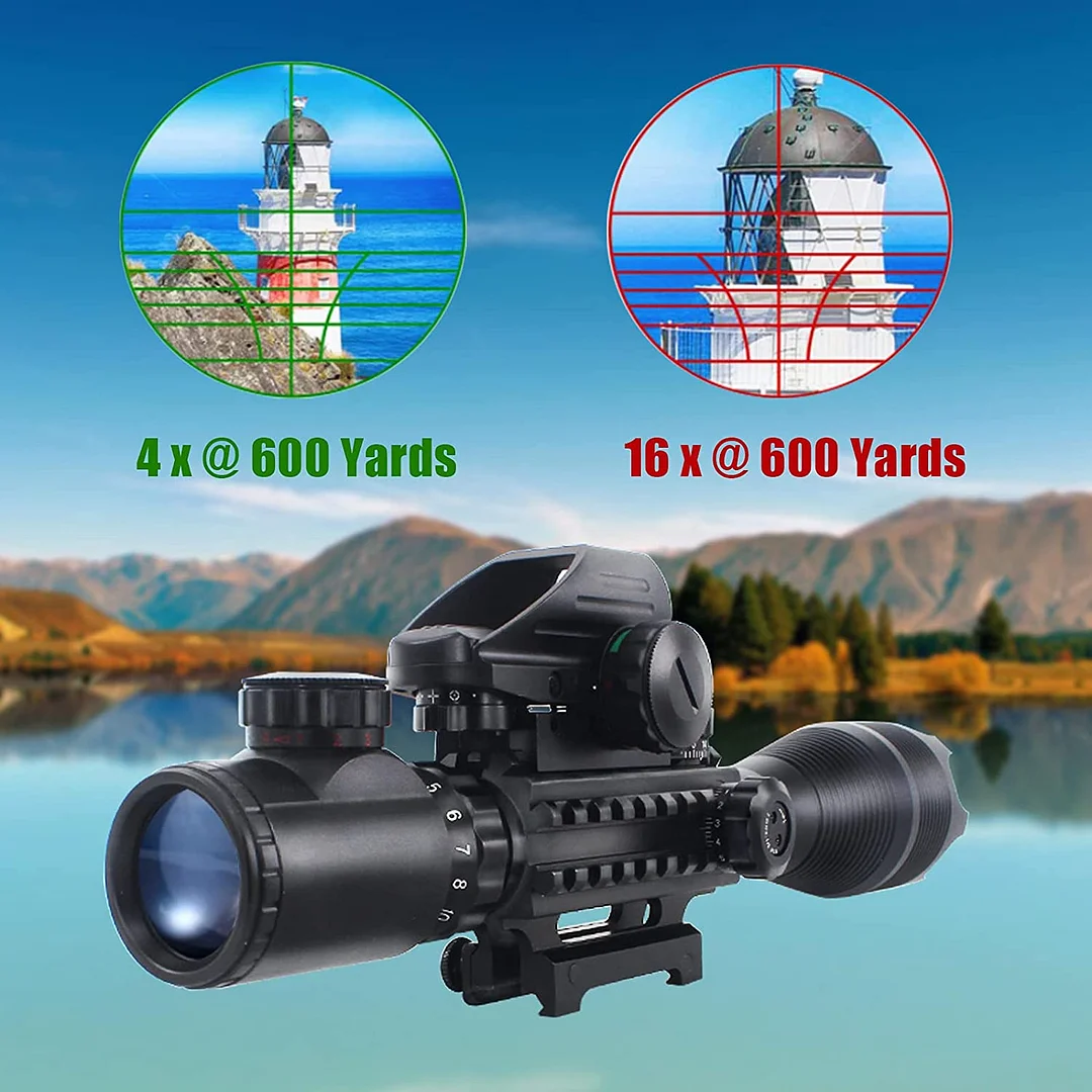 ohhunt® 4-16x50 Tactical Rifle Scope Red/Green Illuminated Range Finder Reticle W/Laser Sight and Holographic Reflex Dot Sight