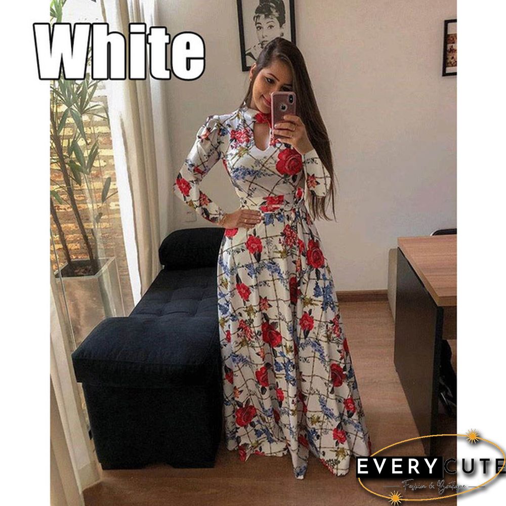 Women Fashion Long Sleeve Dress Maxi Dresses High Waist Flower Dress Party Dress
