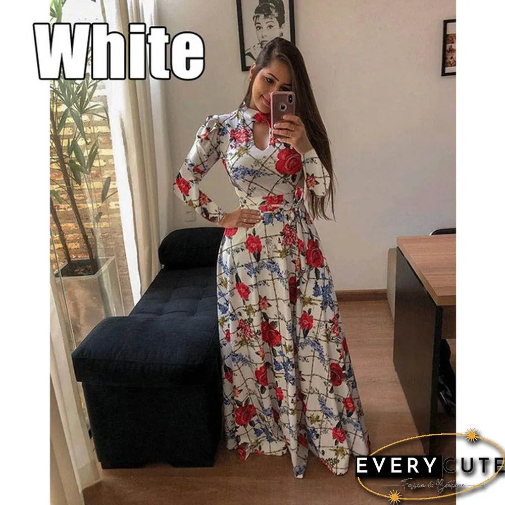 Women Fashion Long Sleeve Dress Maxi Dresses High Waist Flower Dress Party Dress