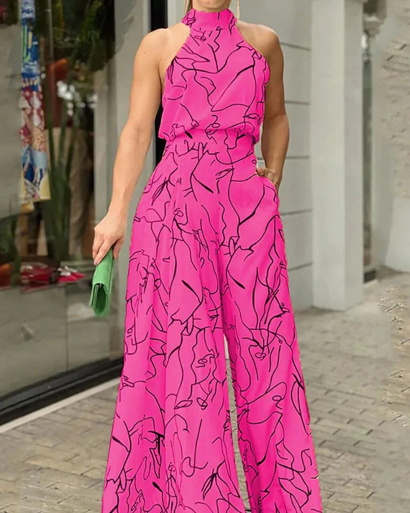 Sleeveless halterneck printed jumpsuit