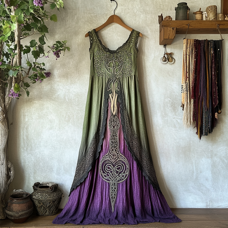 Vintage Viking Tribal Celtic Knot Life Of Tree Lace Patchwork Art Linen Tank Dress