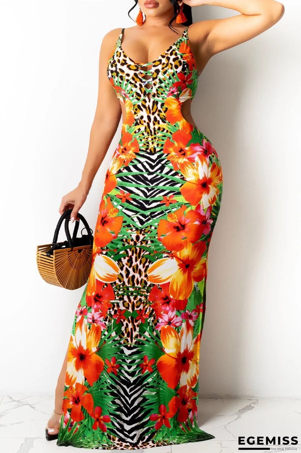 Orange Sexy Print Hollowed Out Backless Slit Spaghetti Strap Long Dress | EGEMISS