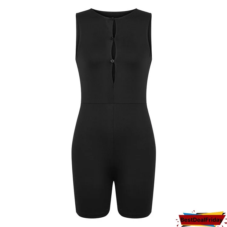Playsuits Women Solid Color Sleeveless Round Collar Short Jumpsuit Black Hollow Out Tight Overalls Summer Slim Playsuit