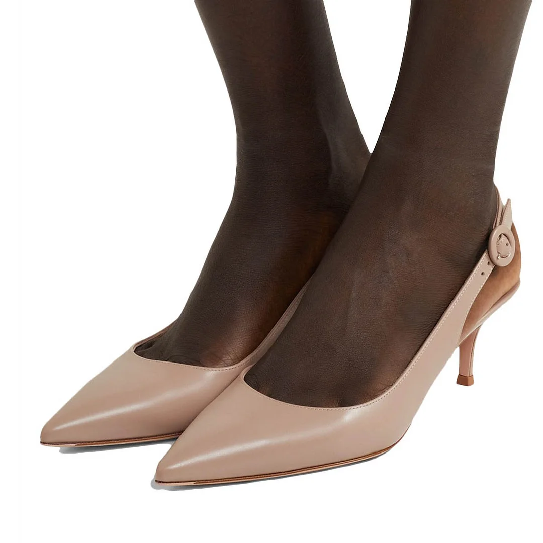 Faux Leather Pointed Toe Kitten Heel Buckle Slingback Pumps in Nude