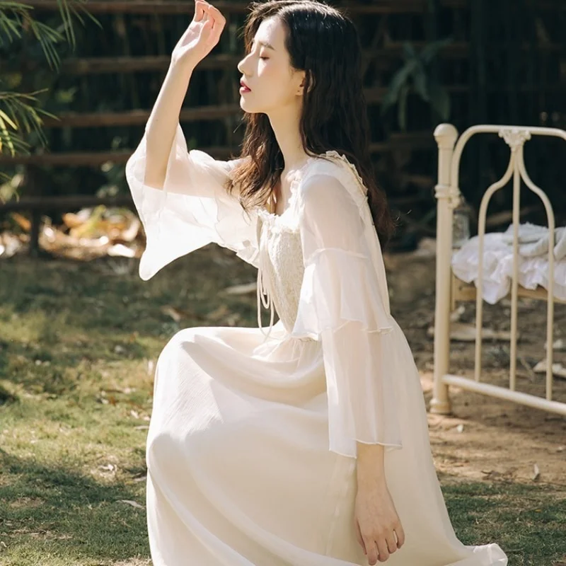 Jangj French Super Fairy White Chiffon Dress High Waist Lace Stitching Long Dress Long Sleeve Cake Sleeve Square Collar Dress