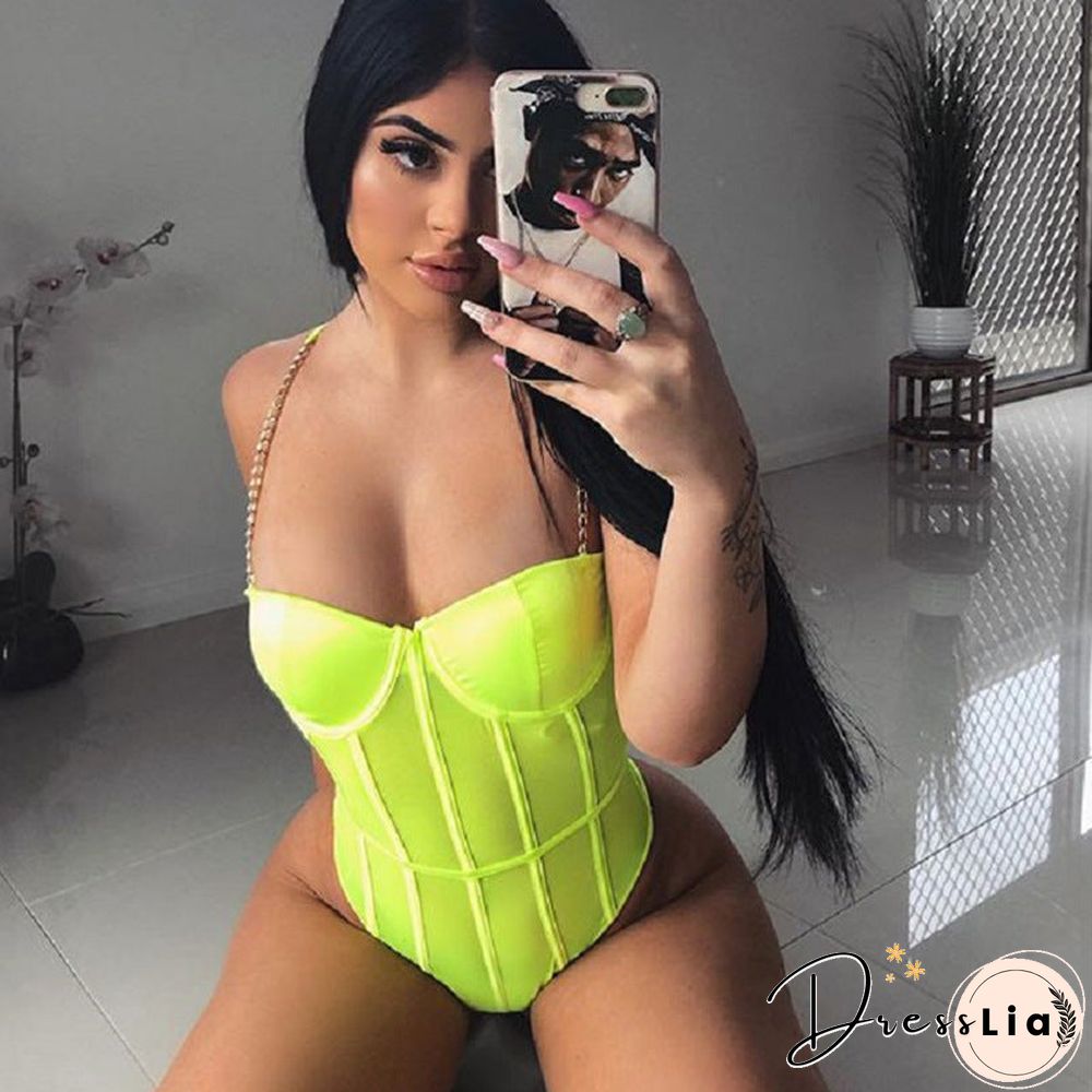 Black Mesh Transparent Bodysuit Metal Chain Straps Backless Bodysuits Sexy Bodycon Jumpsuit Fashion Club Party