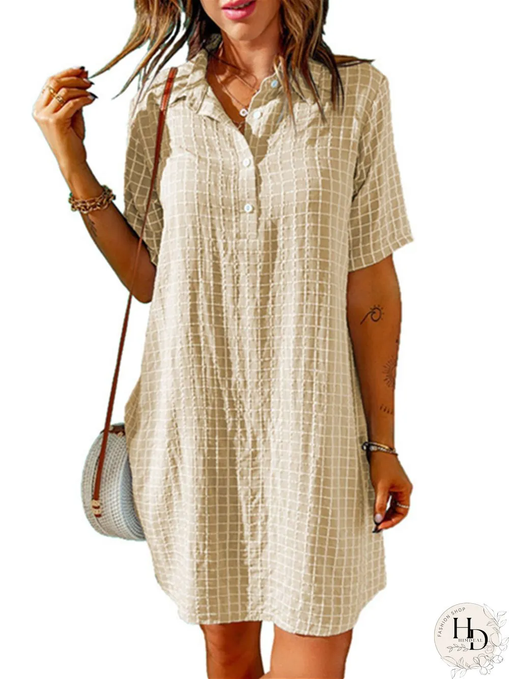Women's Casual Shirt Short Skirt Lapel Plaid Loose Short Sleeve Dress White Dress
