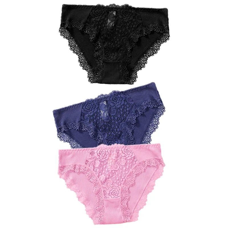 3PCS Cotton Panties Underwear Solid Women Sexy Lace Underpants Soft Briefs Set Female Intimates Plus Size Lingerie Panty XL XXL