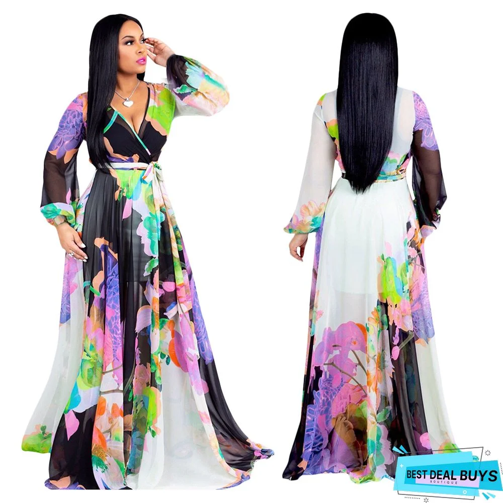 Chiffon Printed Long-Sleeved Dress with Lined Waistband