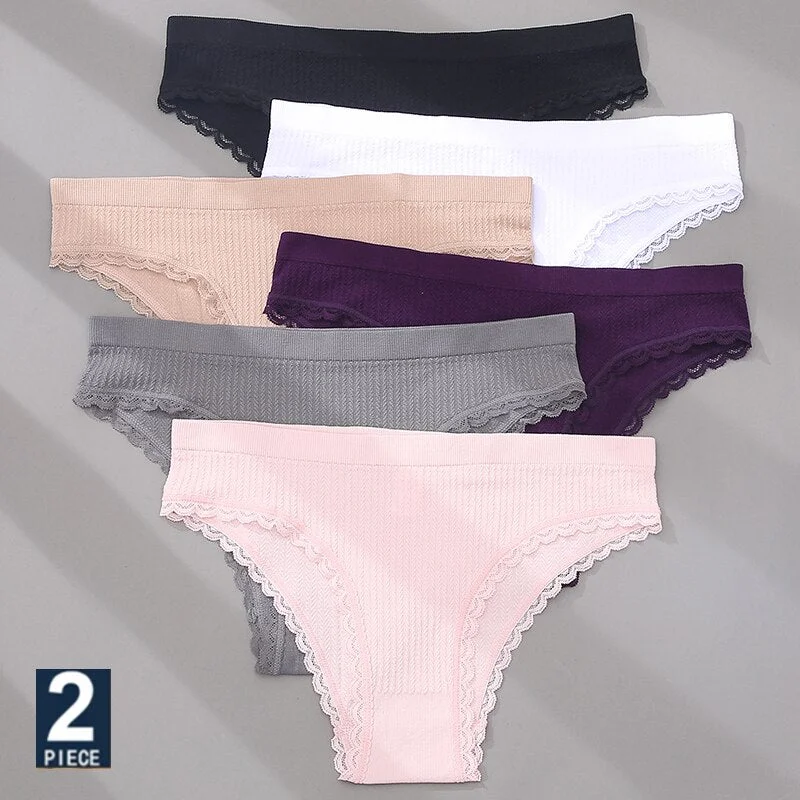 FINETOO 2PCS/Set Women Lace Seamless Sexy Panties 6 Solid Color Brazilian Panty Girl Briefs Lingerie Underpant M-2XL Underwear