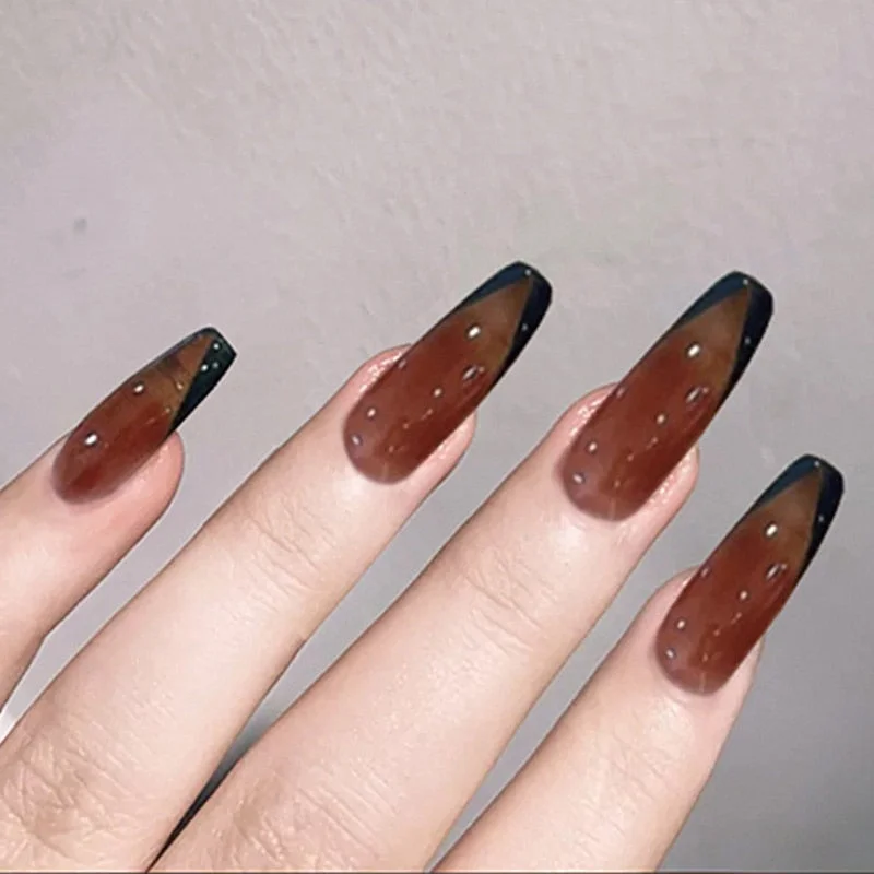 24pcs Black color press on fake nails  Elegant  Glitter Fake Gemstone False Nails Short Round Head Acrylic With Glue for girls-Nail Inspo