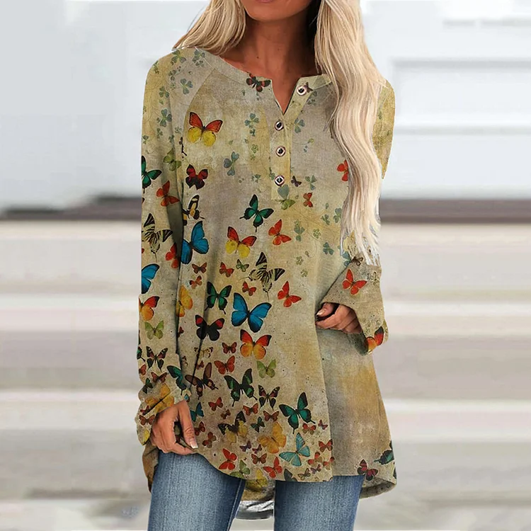 Small V-Neck Butterfly Print T-Shirt