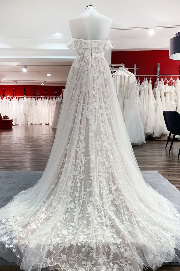 A-Line/Elegant 1/2 Sleeves Off-the-Shoulder Ruffles Tulle Prom Dresses main image 1
