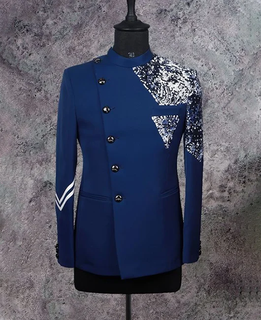 Stand Collar Sequin Patchwork Striped Button Design Jacket 