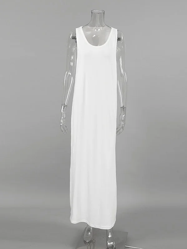 Split-Joint Solid Color See-Through Sleeveless Loose U-Neck Maxi Dresses