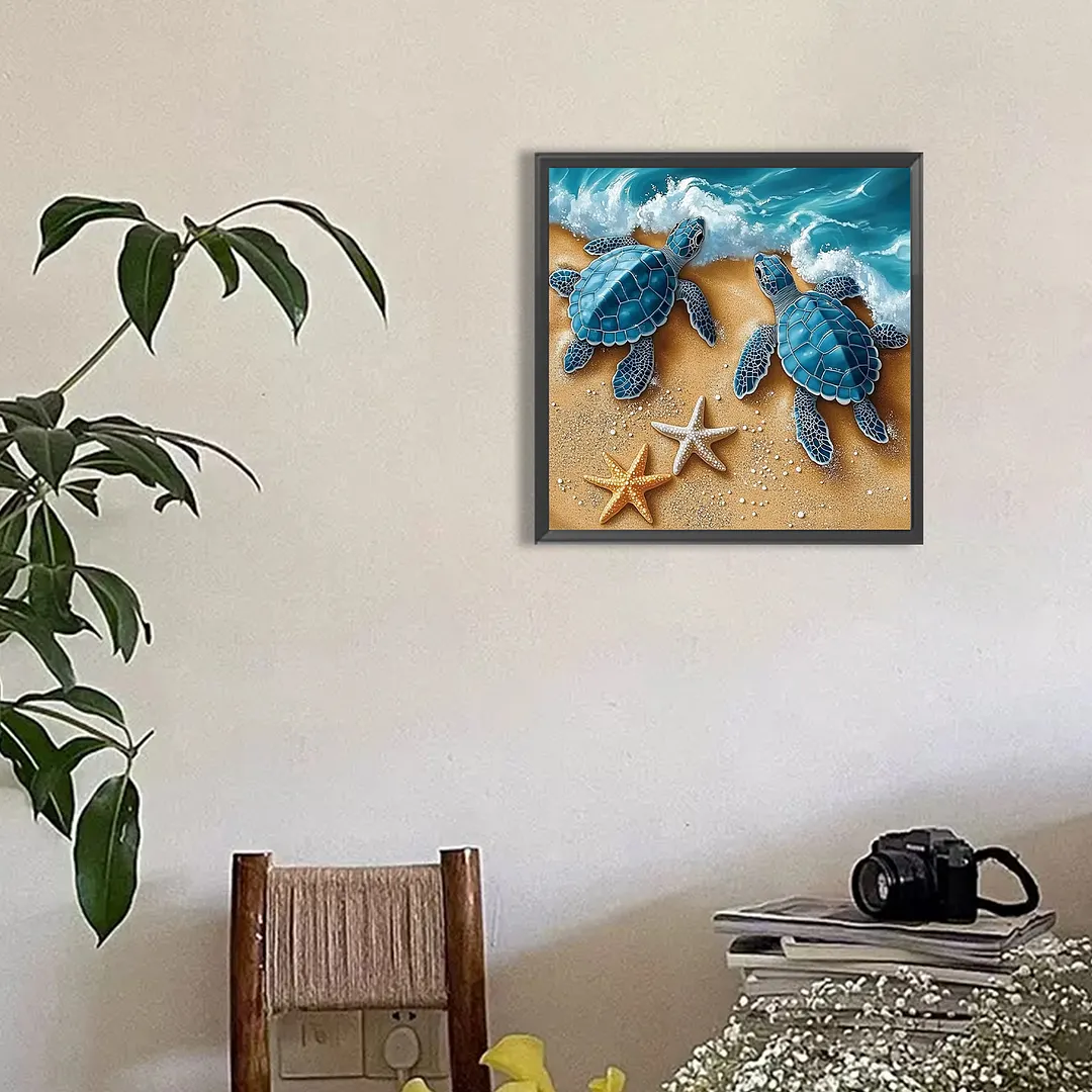 Beach Turtles Full DIY 5D Round Drill Diamond Painting Kits for Adults/Beginners Gift Idea Home Decor Diamond Dots Paintings Picture Arts Craft 30x30cm
