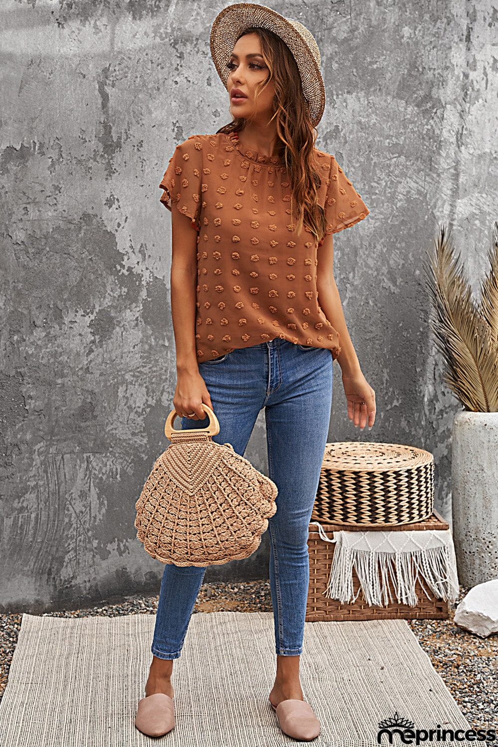 Brown Short Ruffled Sleeve Swiss Dot Blouse