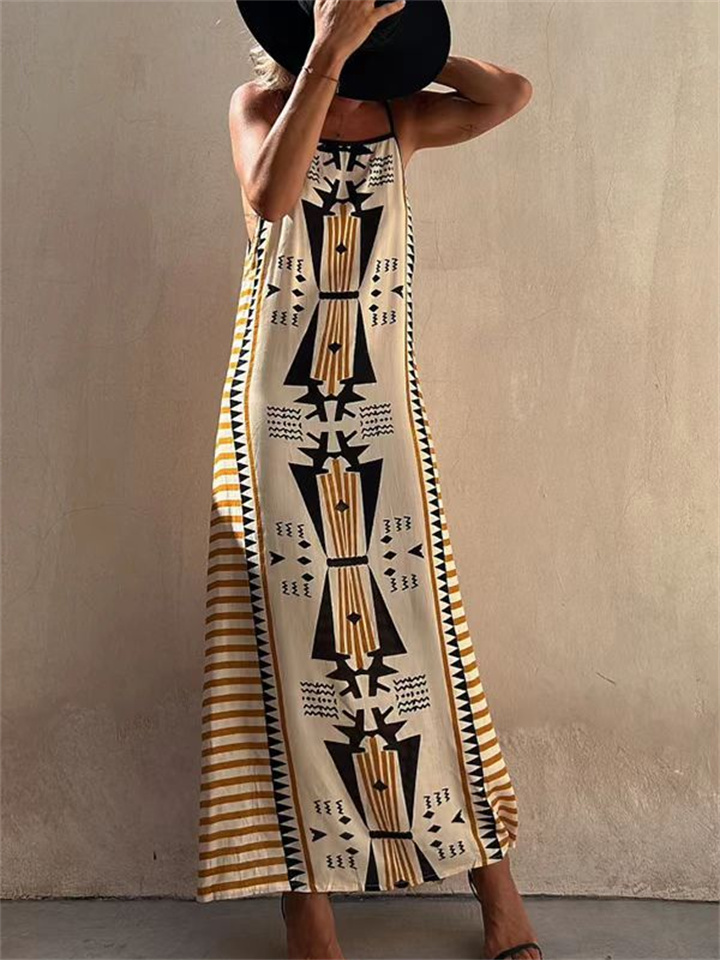 Women's New Bohemian Geometric Pattern Printed Long Dress Sleeveless Tied Casual Square Neck Loose Waist Sling Dress