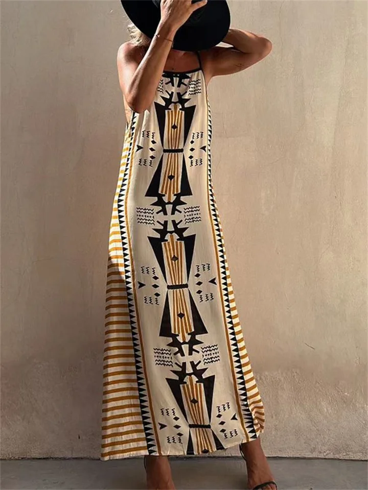 Women's New Bohemian Geometric Pattern Printed Long Dress Sleeveless Tied Casual Square Neck Loose Waist Sling Dress-JRSEE