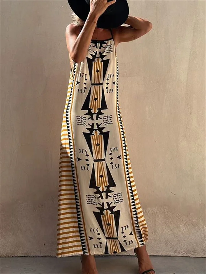 Women's New Bohemian Geometric Pattern Printed Long Dress Sleeveless Tied Casual Square Neck Loose Waist Sling Dress-Cosfine
