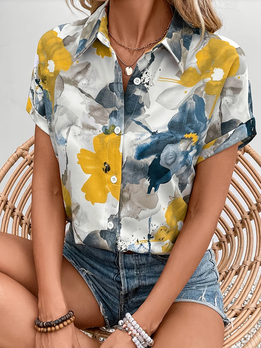 Lightweight Breathable Women's Summer Floral Print Collar Shirt - Vibrant Yellow & Blue Short Sleeve Blouse | Machine Washable Elegant Casual Top For Beach Outings & Summer Days, Beachwear Essential, Easycare Clothing | IFYHOME