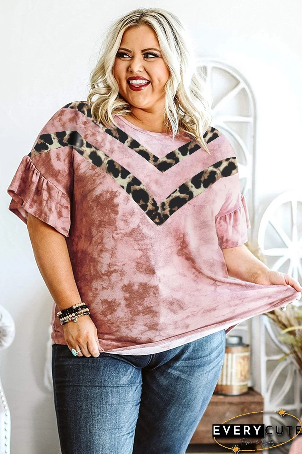 Ruffled Sleeves Leopard Accent Tie-dye Plus Size Top
