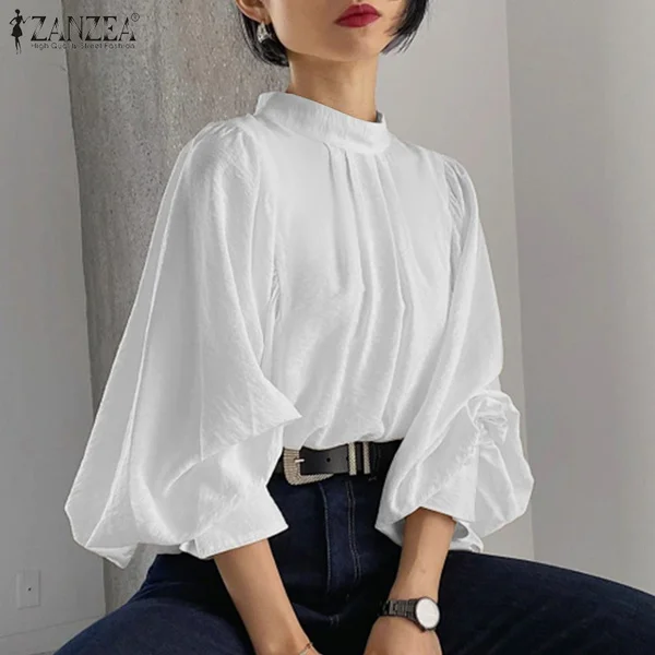 ZANZEA Fashion Cotton Solid Tops Women Long Sleeve O Neck Elastic Cuff Spring Blouse Office Shirts Oversized