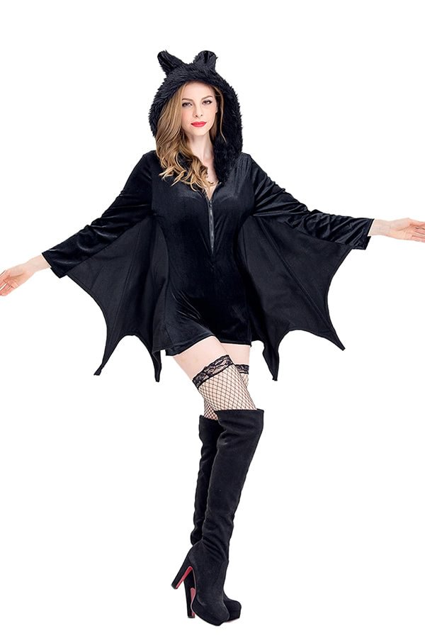 Plus Size Adult Women's Cozy Halloween Bat Costume Black-elleschic