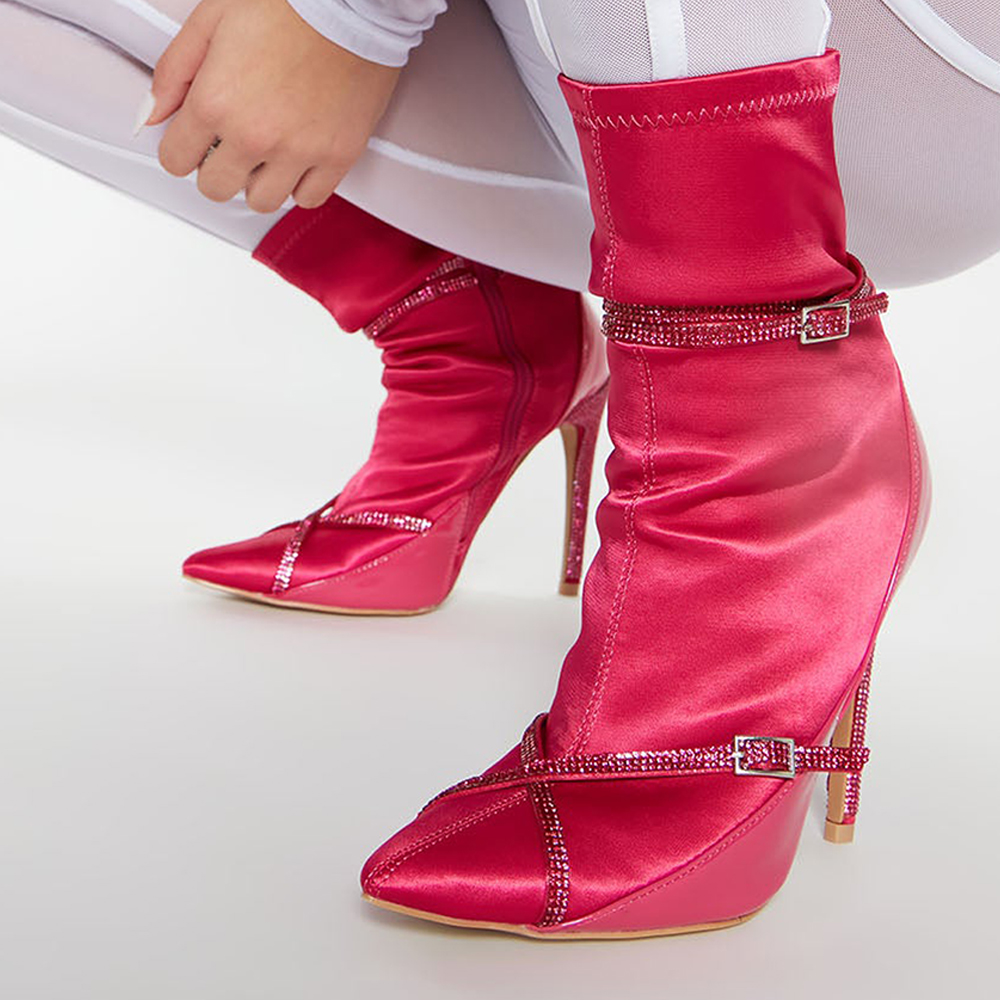 Hot Pink Pointed Toe Stiletto Heel Rhinestone Strap Ankle Boots Nicepairs
