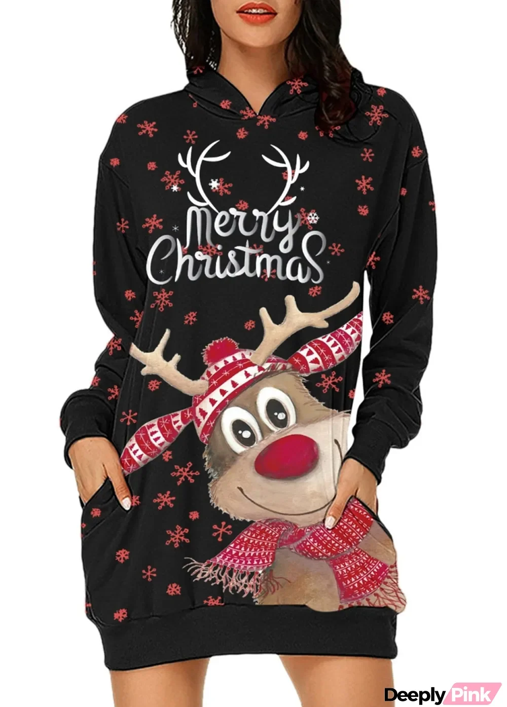 Winter Black Santa Carvinal Print Hoodies Christmas Dress