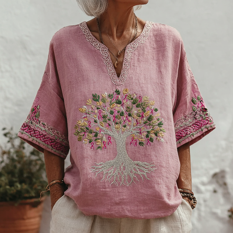 Women's Tree Of Life Pink Ribbon Small V Neck T-shirt