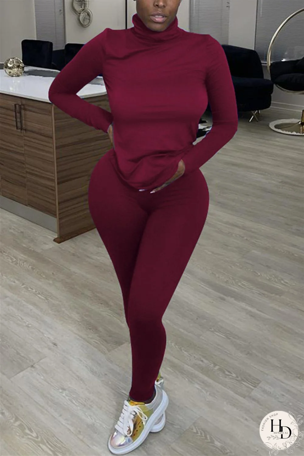 Wine Red Casual Solid Basic Turtleneck Long Sleeve Two Pieces