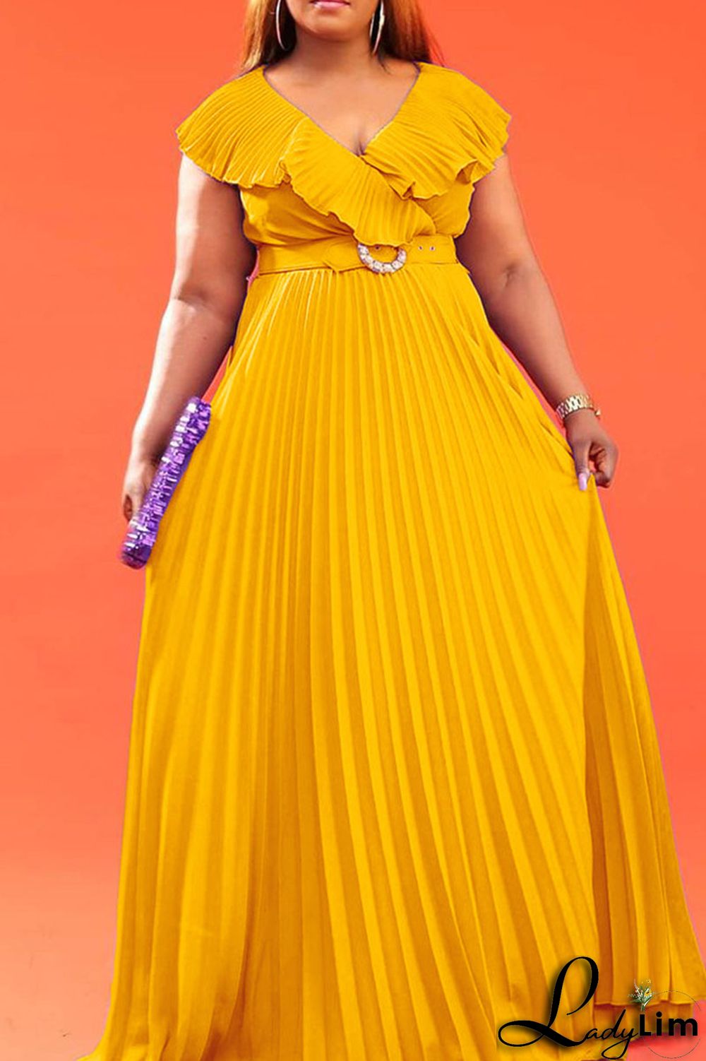 Yellow Elegant Solid Patchwork Fold V Neck Straight Dresses(Contain The Belt)