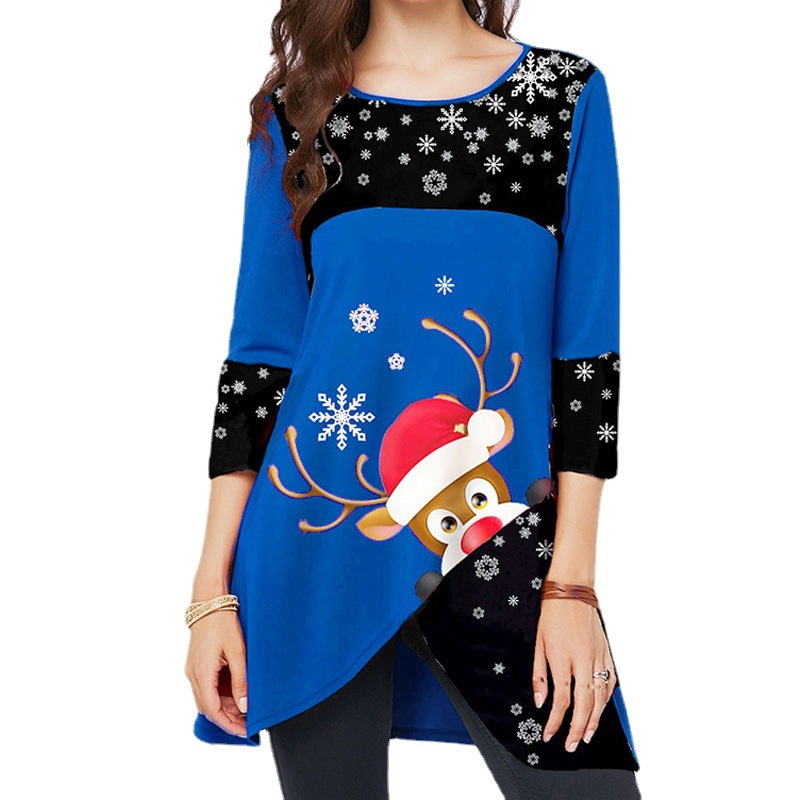 Trendy Christmas Snowflake Elk Print Crew Neck Blouses & Shirts