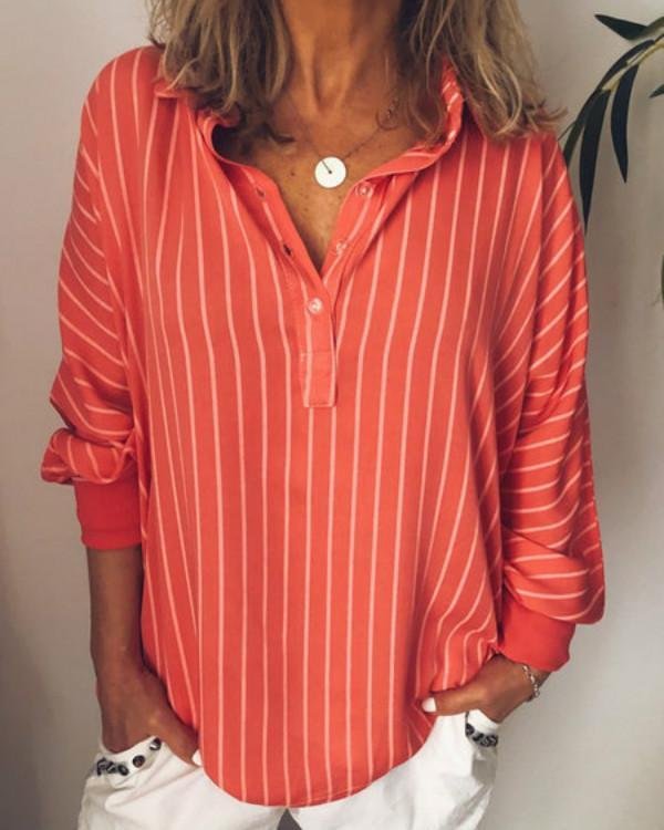 Casual Turndown Collar Striped Long Sleeve Printed Shirts