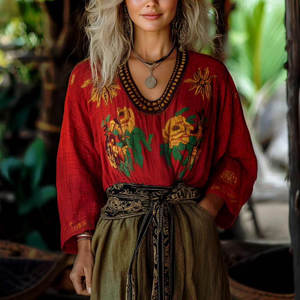 Women's Casual Cotton And Linen Retro Ethnic Style Loose Top Shirt