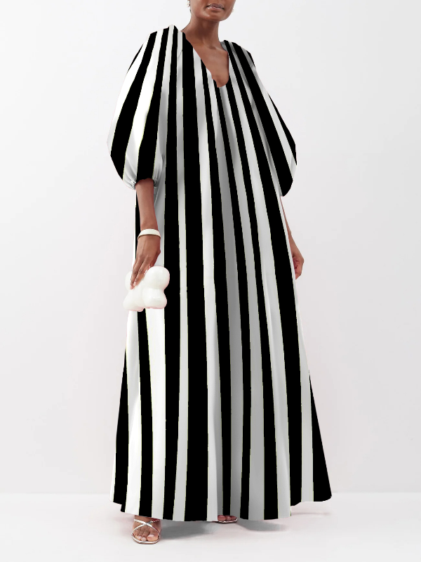 Irregular Stripe Printing V-Neck Puffy Sleeves Loose Maxi Dress