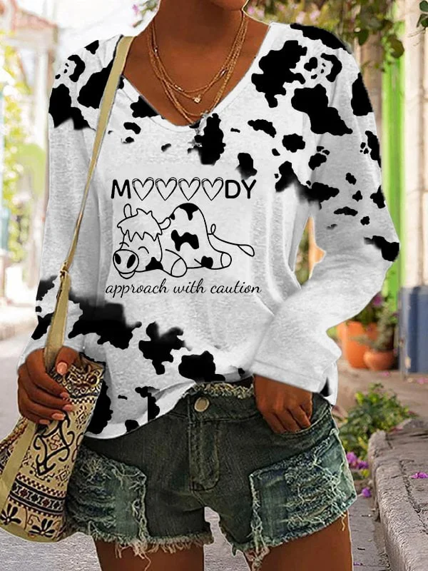 Women's Feeling Moody Cow Printed V-neck  Long Sleeved T-shirt socialshop