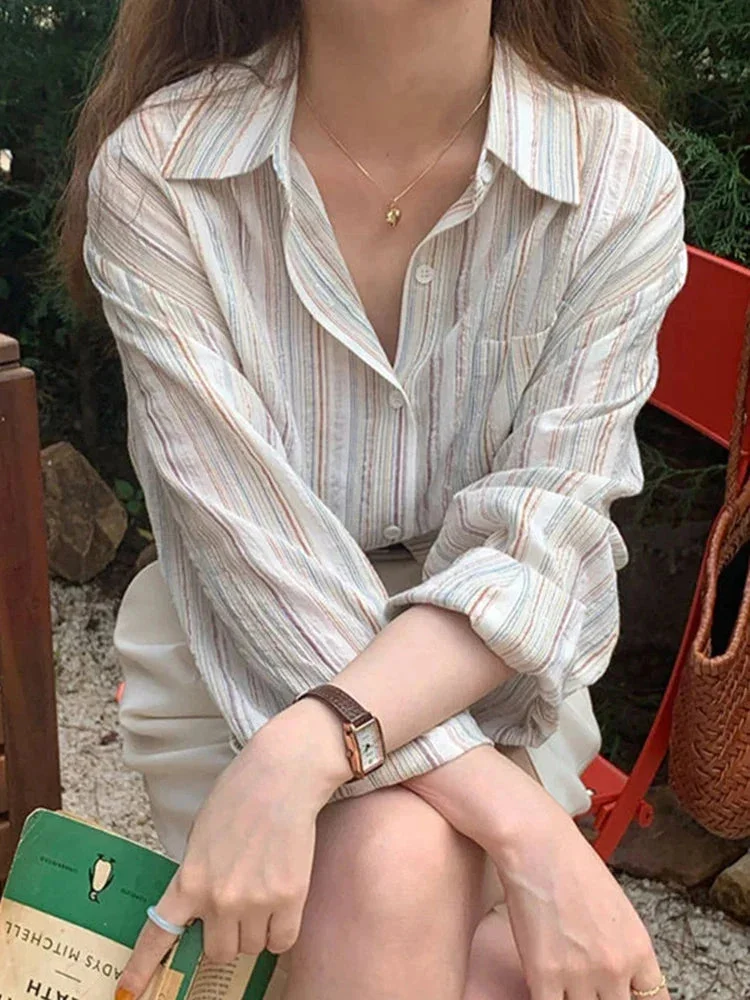 Huiketi Korean Vintage Striped Women Shirts Long Sleeve Designed Summer Cotton Loose Button Up Shirt Oversize Female Tops New