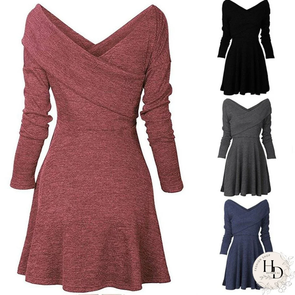 Women's Fashion Long Sleeve Knitted Sweater Pullover Swing Solid Slim Fit Wrap Midi Dress