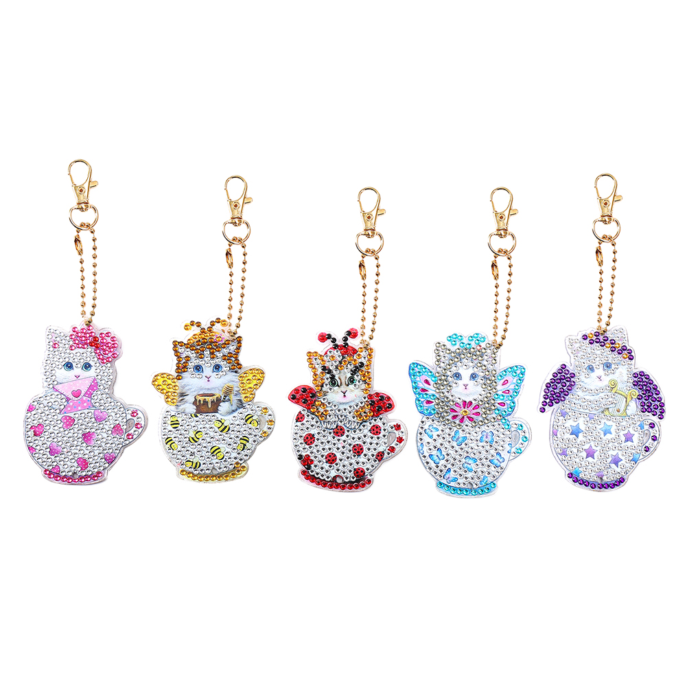 

5pcs Cup Cat Double Sided - 5D DIY Craft Keychain, 501 Original