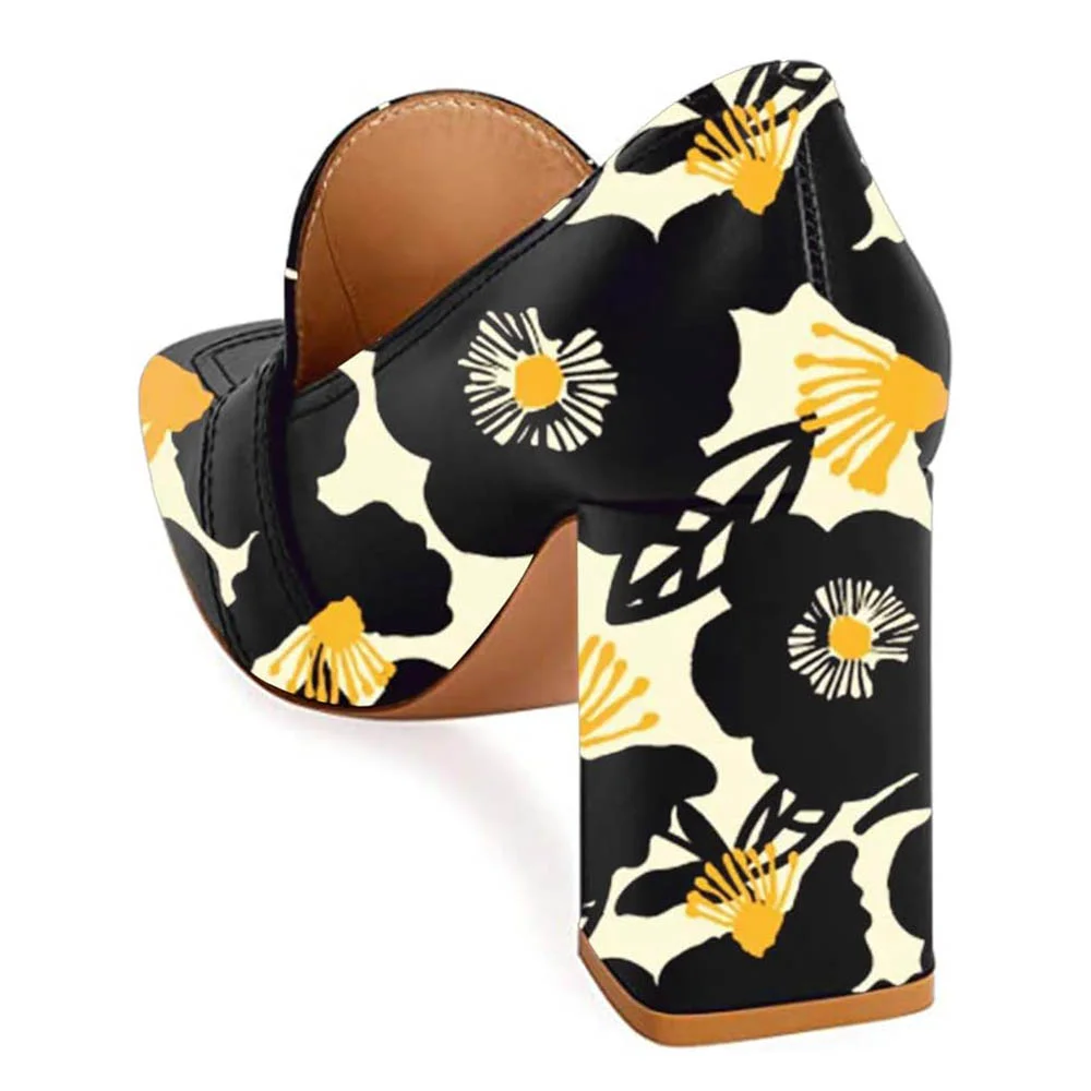 YDN Square Toe Buckle Chunky Heeled Loafers with Black Flower