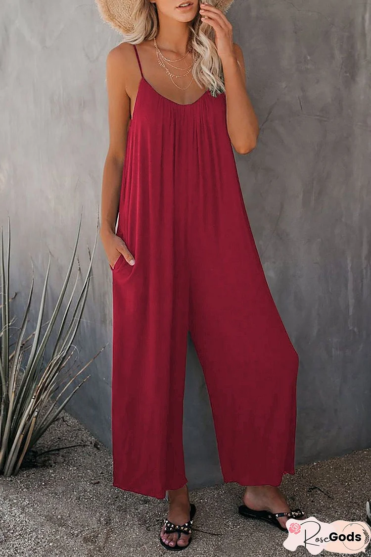 Strap Jumpsuit Women's New Solid Color Pocket Casual Jumpsuit