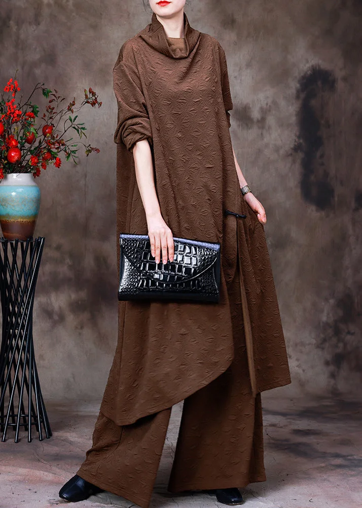 Coffee Turtleneck Low High Design Silk Top And Wide Leg Pants Two Piece Set Fall