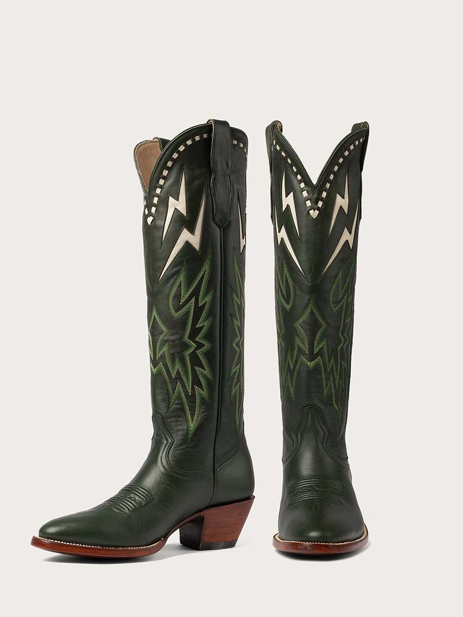 Dark Green Chunky Heel White Lightning Inlay Knee High Cowgirl Boots
