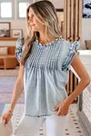Women's Beau Blue Ruffle Pleated Vintage Washed Denim Sleeveless Top