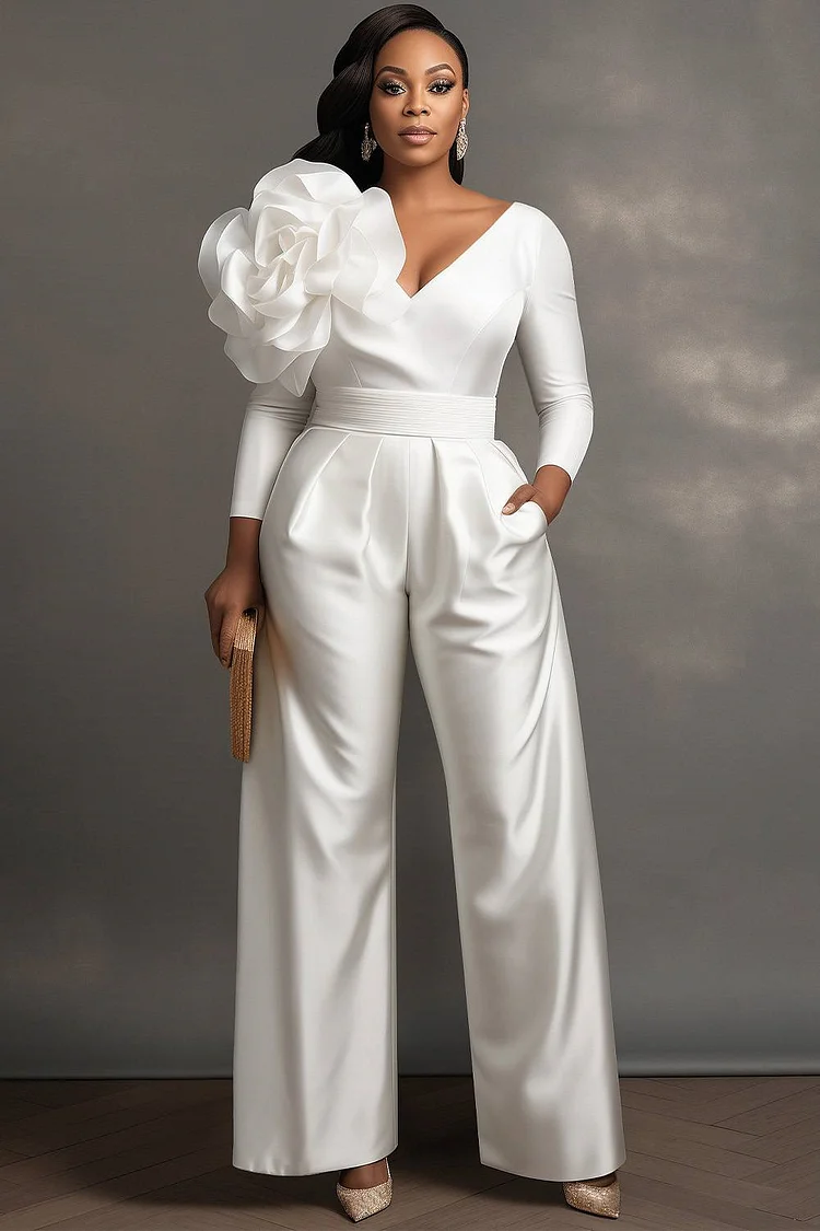 Xpluswear Design Plus Size Wedding White Elegant V Neck Long Sleeve Pocket 3D Satin Jumpsuits [Pre-Order] 2024 - Xpluswear