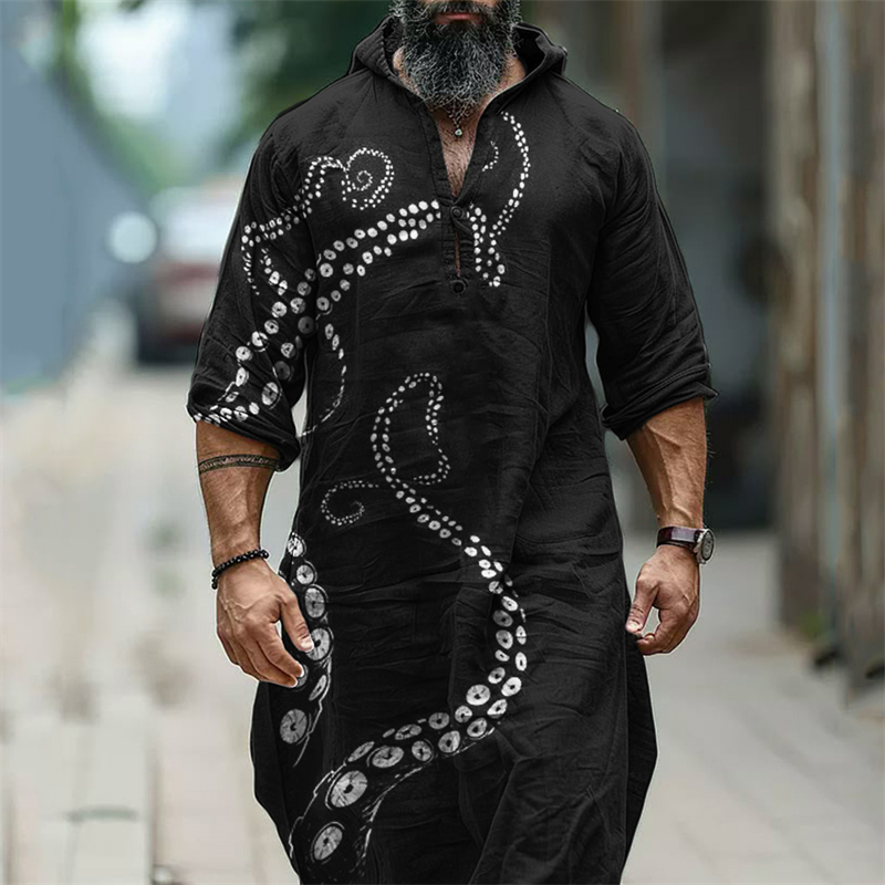 Men's Octopus Tentacles Art Hooded Linen Long Tunic