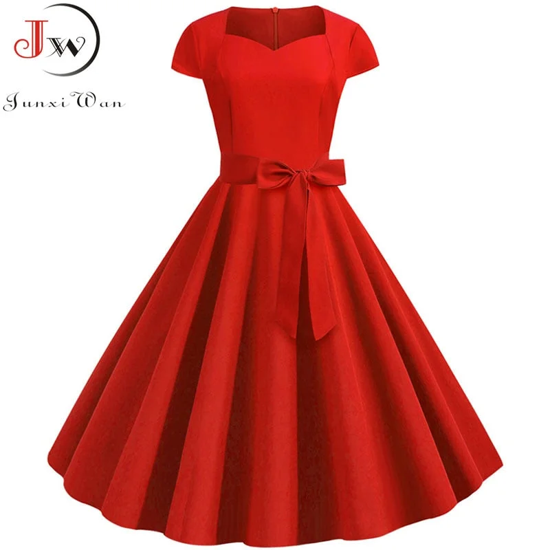 Summer Vintage Dress Robe Femme Women Solid Red Black Square Collar Retro Rockabilly Party Dresses Belt Vestidos