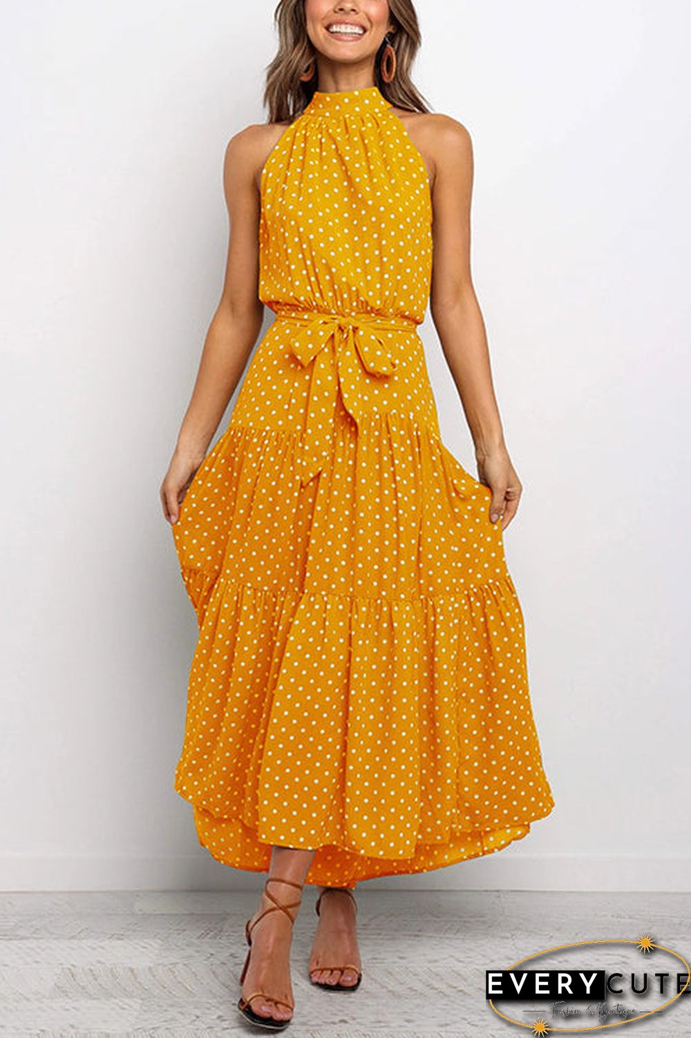 Print Belted Sleevelss Maxi Dress